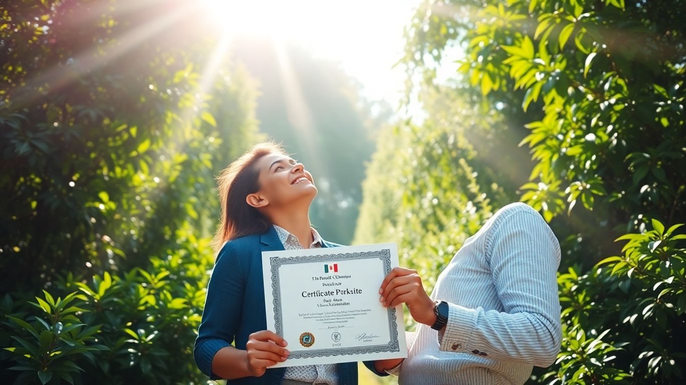 Person holding GHG accounting certificate, looking towards a bright future.