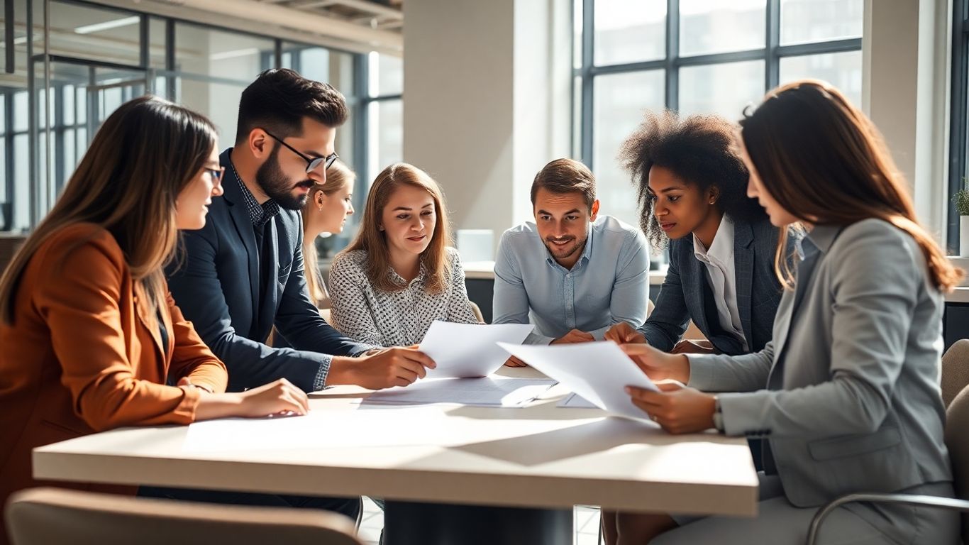 Professionals collaborating in a modern office environment.