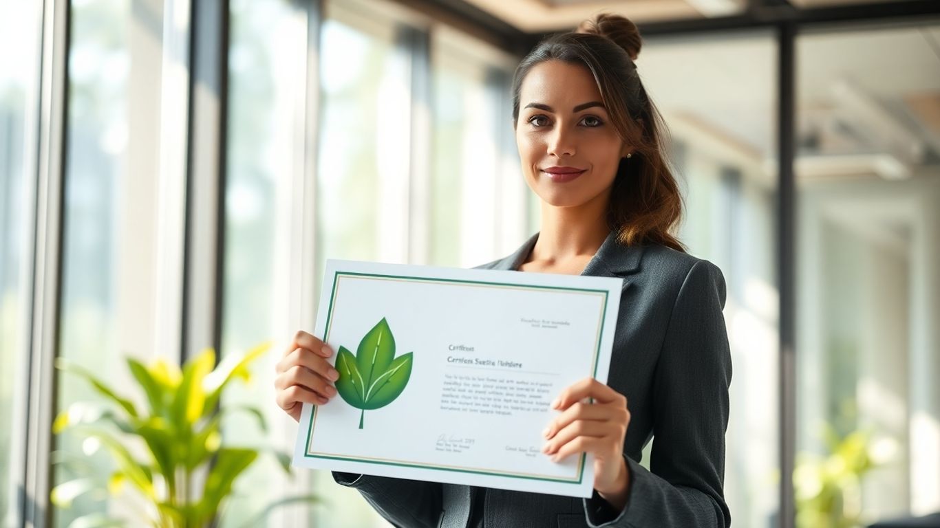Professional holding ESG certificate with green leaf