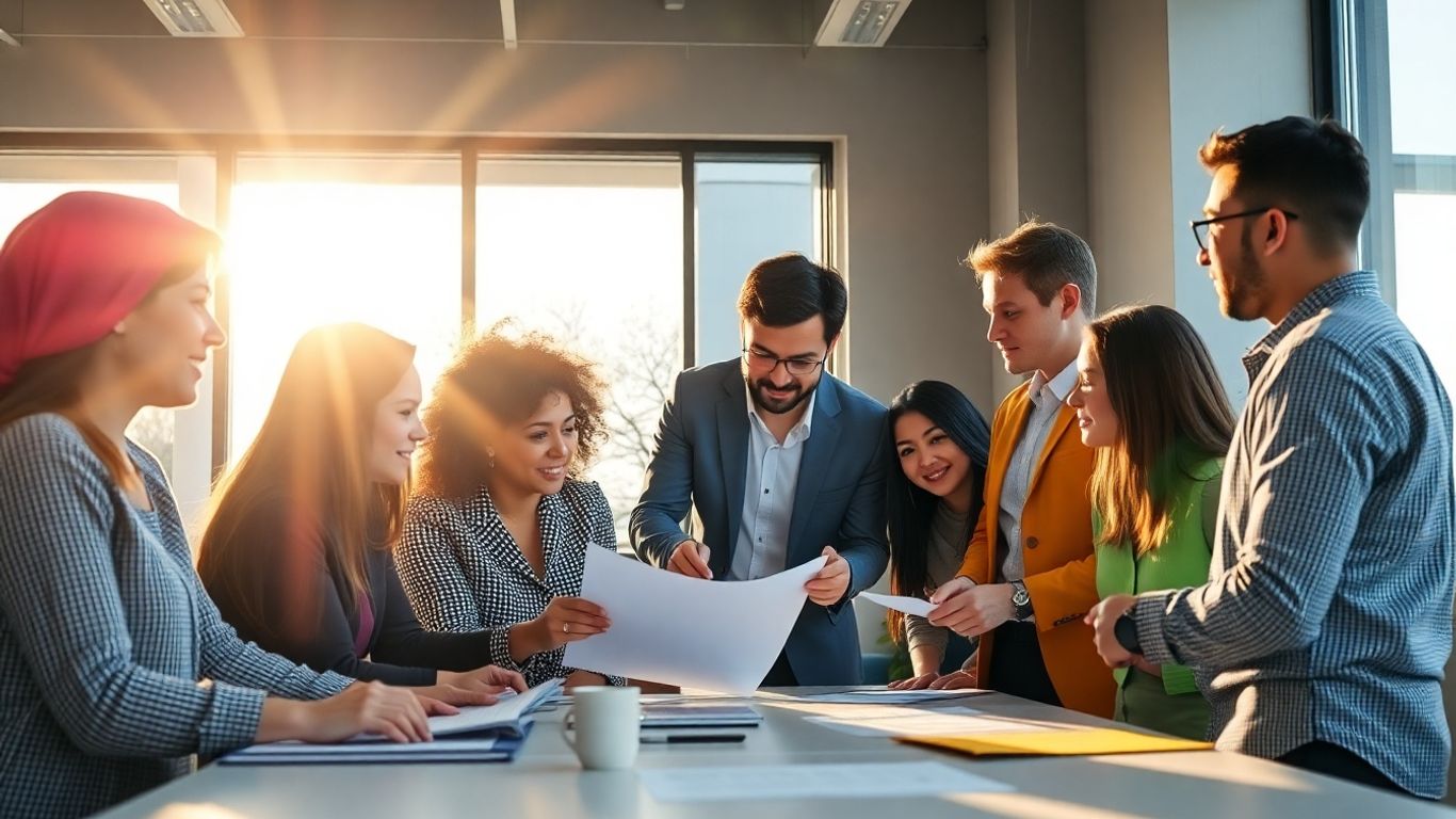 Professionals collaborating in a modern office setting.
