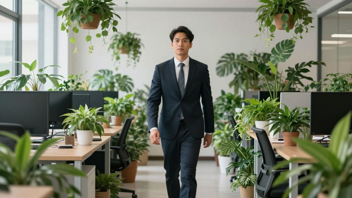 Sustainability manager in a bright, green office.