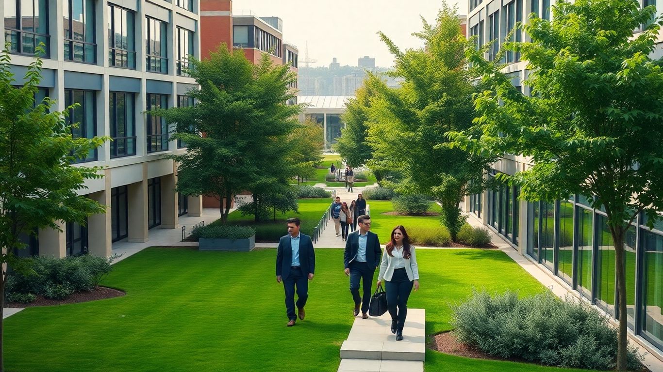 Columbia University campus with students and modern buildings.