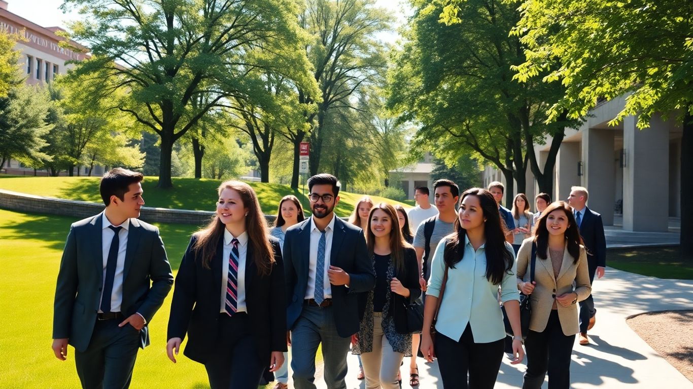 Students walking on a sunny university campus.