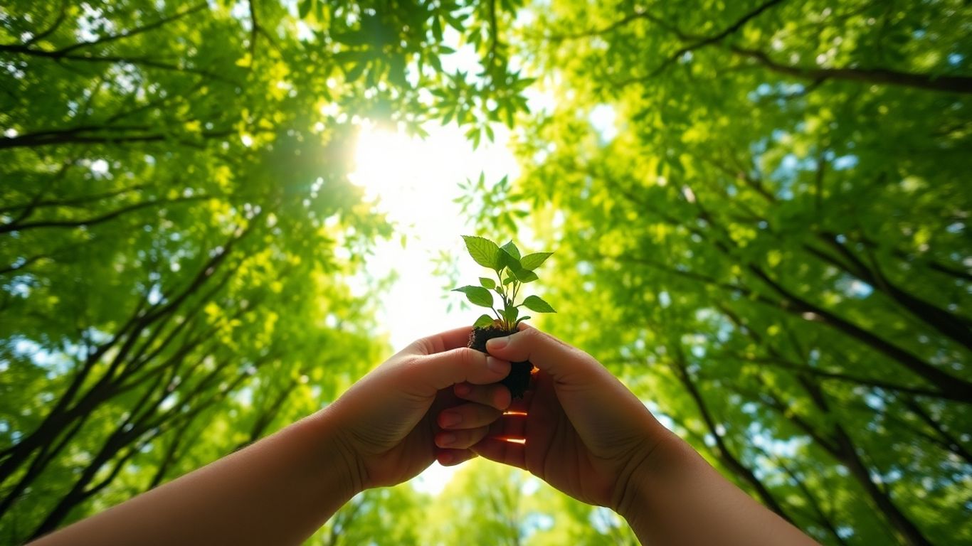 Planting a seedling in a sunlit forest.