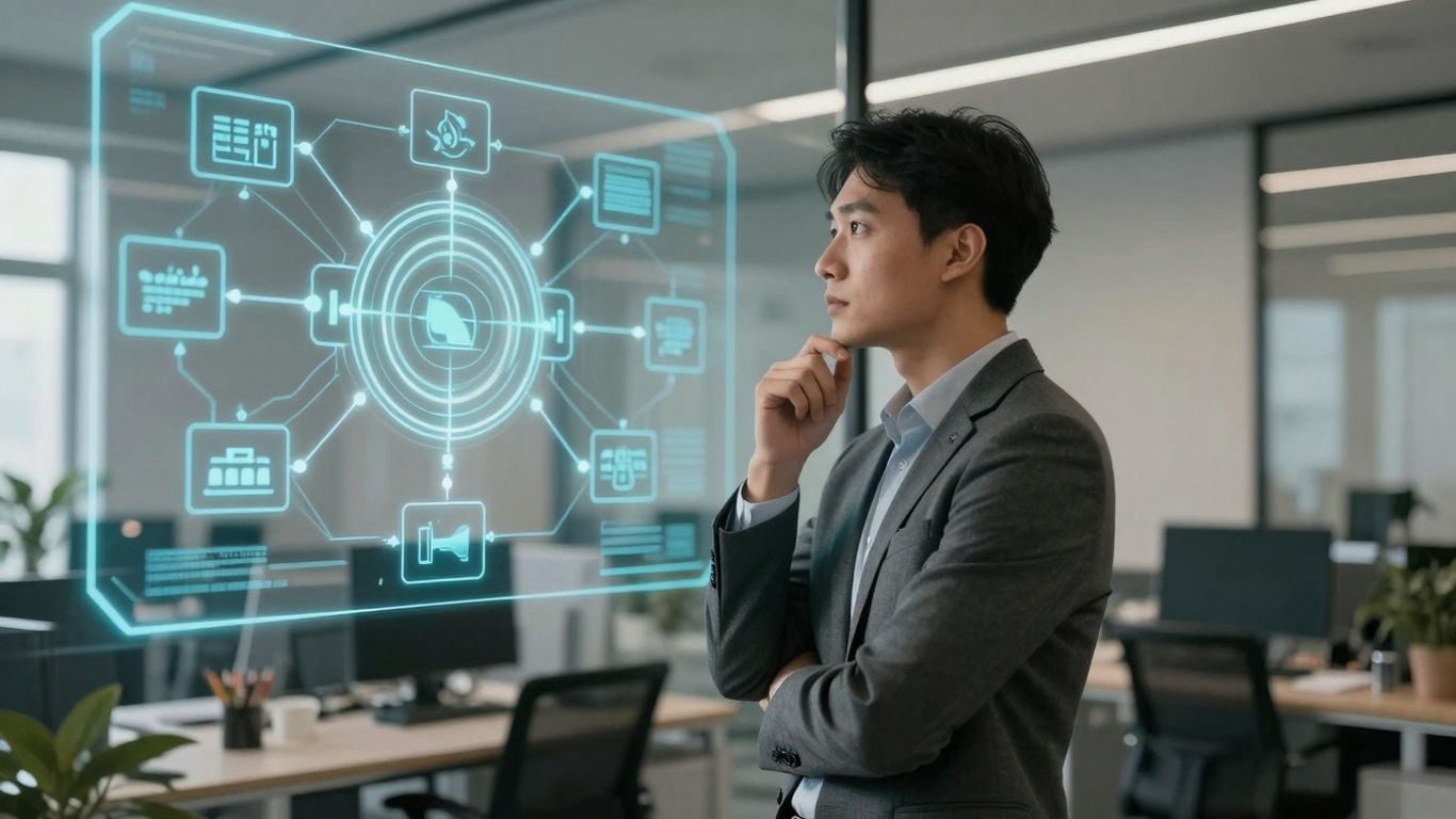 Professional analyzing complex energy flow diagram on screen.