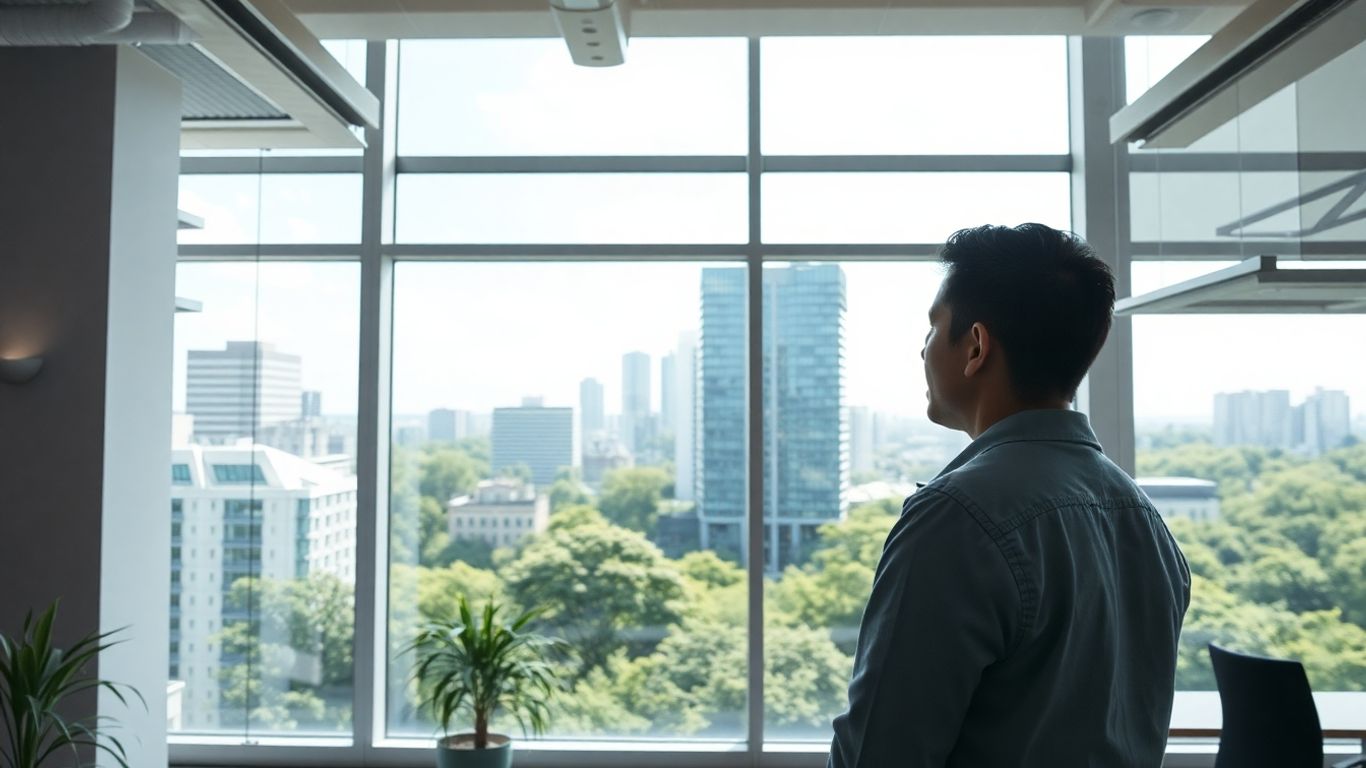 Person looking at green cityscape through window.