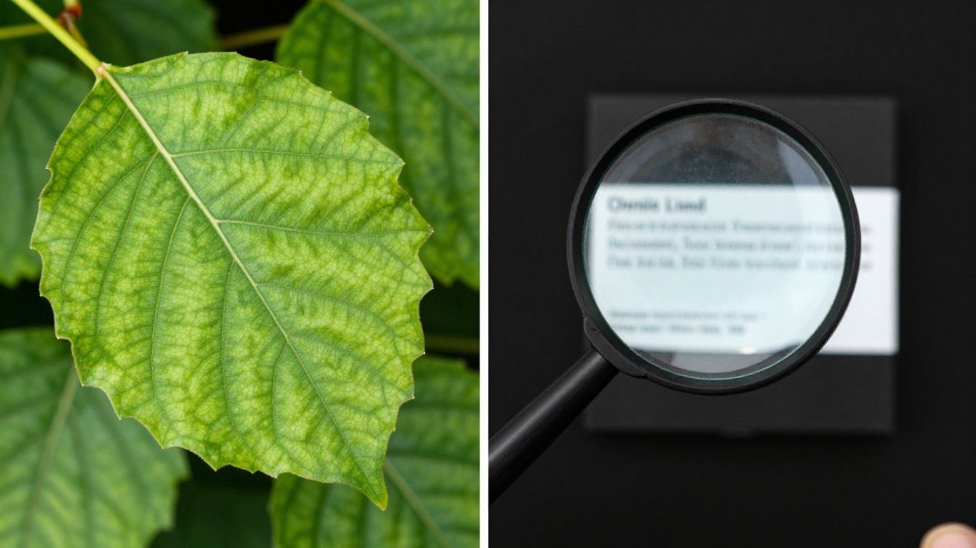 Green leaf with crack and magnifying glass over label.