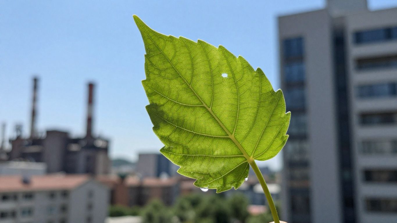 Green leaf with glowing veins against a cityscape.