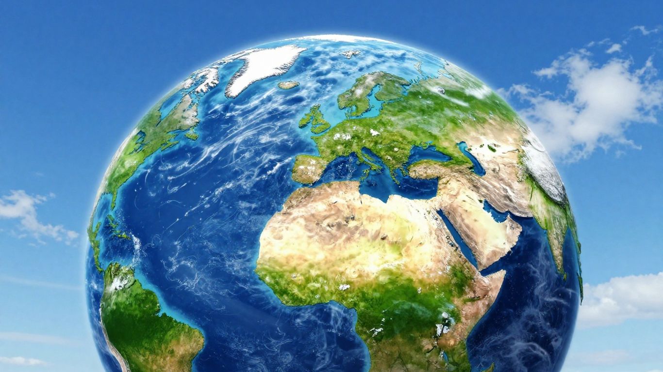 Green planet Earth in a blue sky with clouds.