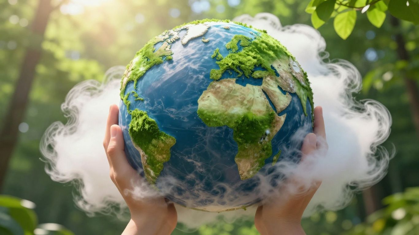 Green planet Earth held by hands, with sunlight and trees.