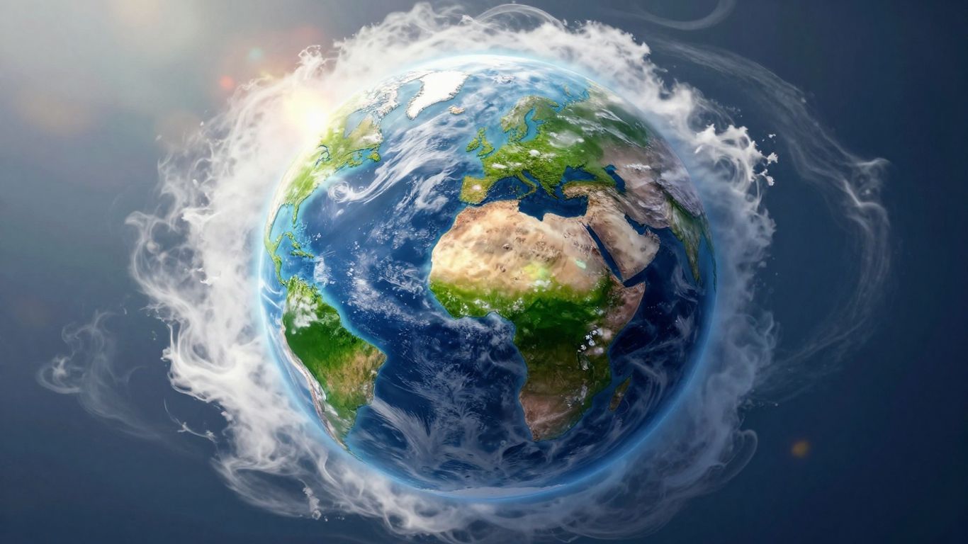 Green planet Earth with sunlight and clouds.
