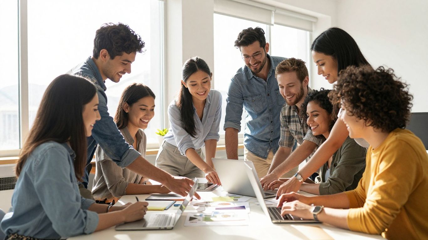 Diverse team collaborating in a bright, modern office.