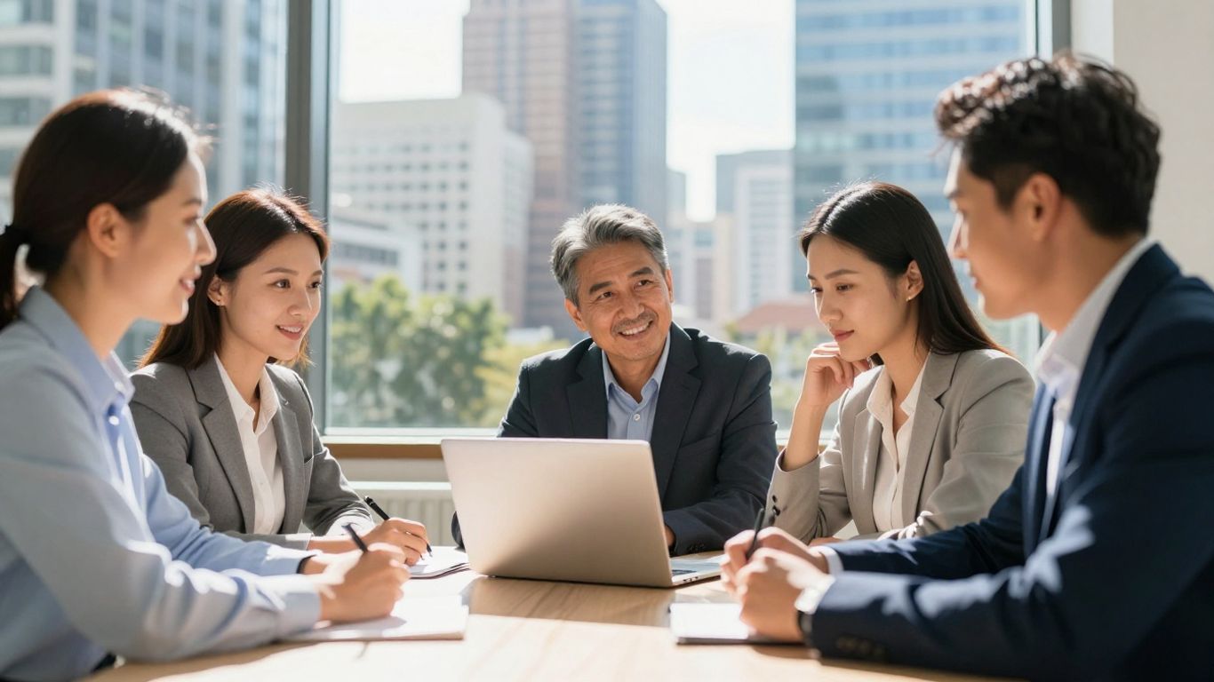 Business professionals collaborating in a modern office setting.