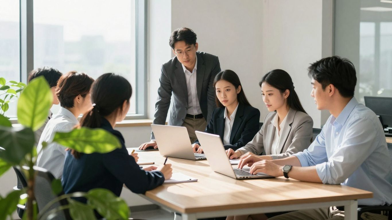 Business professionals collaborating in a bright, modern office.