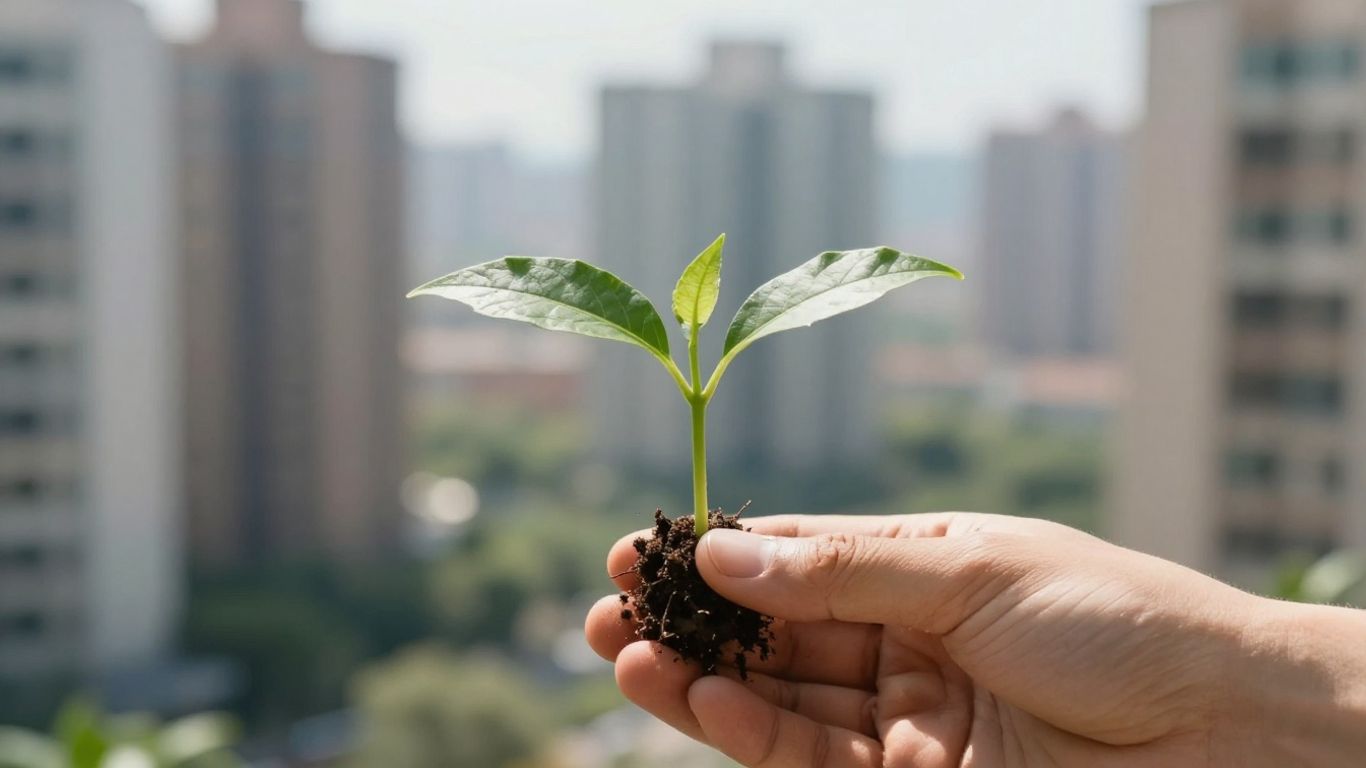 Seedling held in hand with city background.