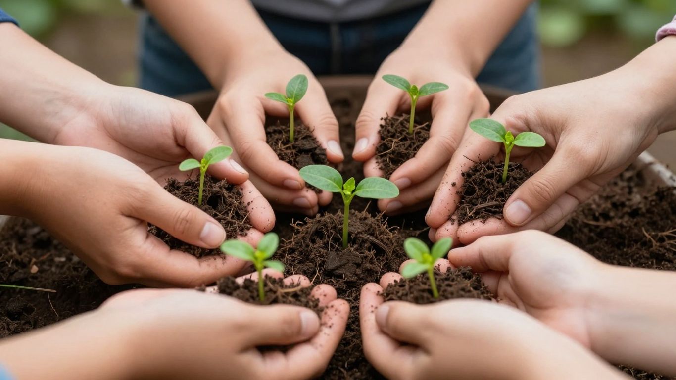 Hands holding seedling in soil, sustainability concept