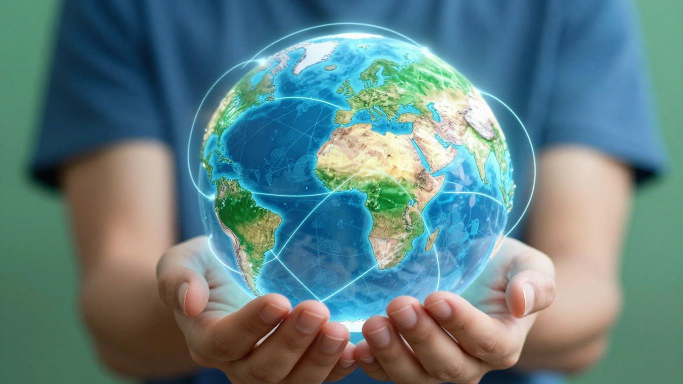 Hands holding a globe with glowing lines.