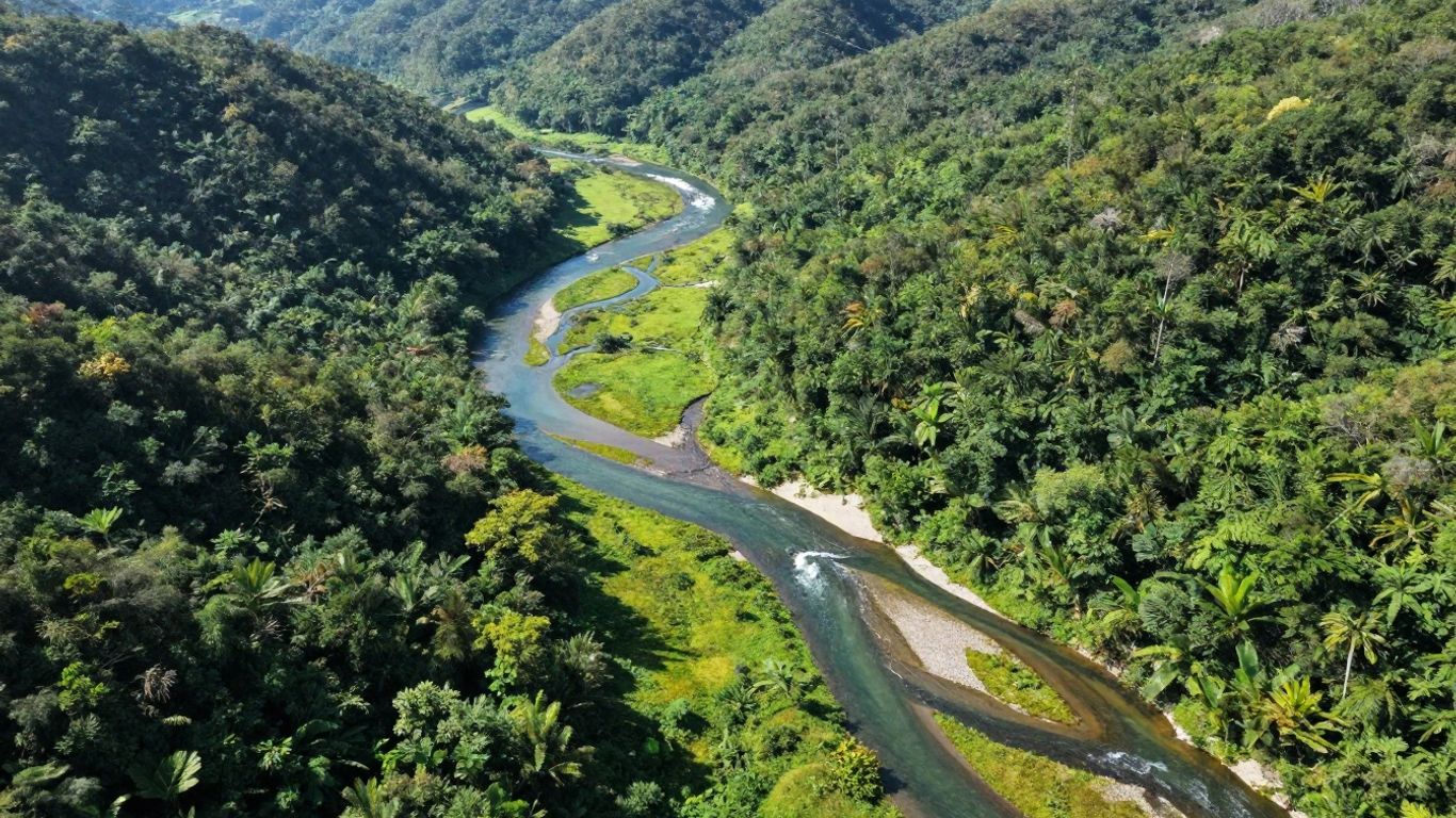 Aerial view of a green watershed with a river.