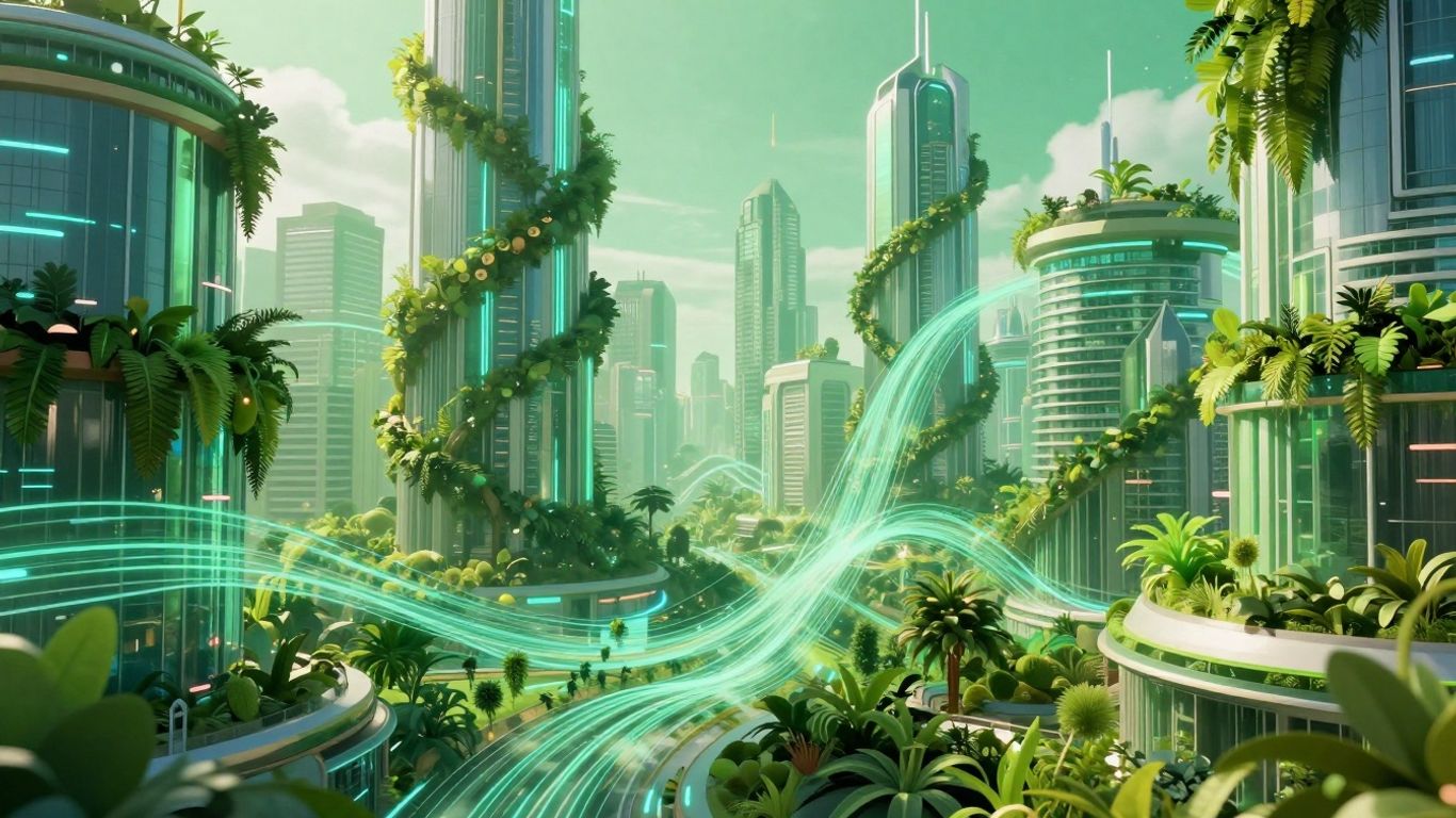 Futuristic green cityscape with digital streams and foliage.