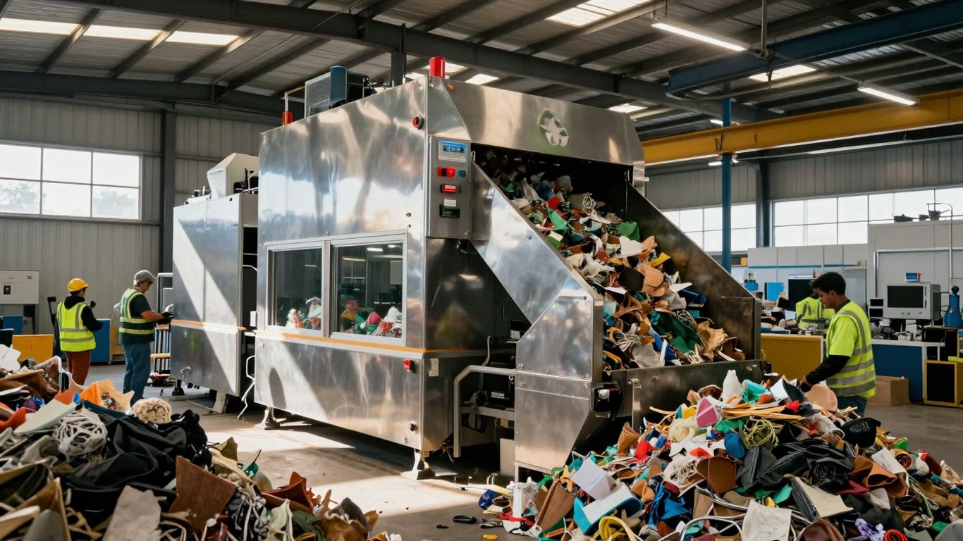 Modern recycling facility with sorted materials and workers.