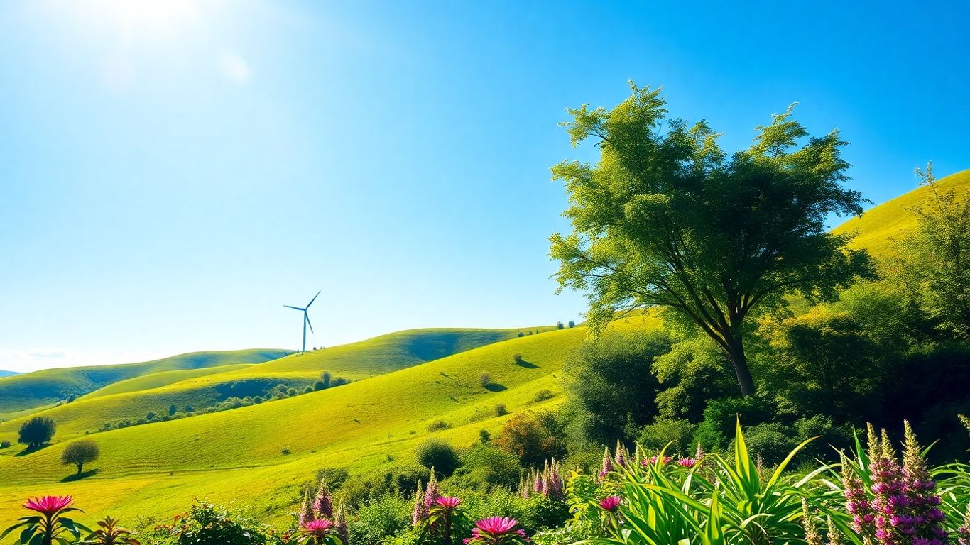 Green landscape under a clear blue sky.