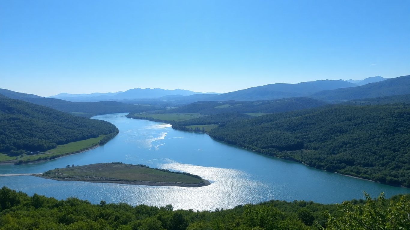 River flowing through a valley towards mountains.