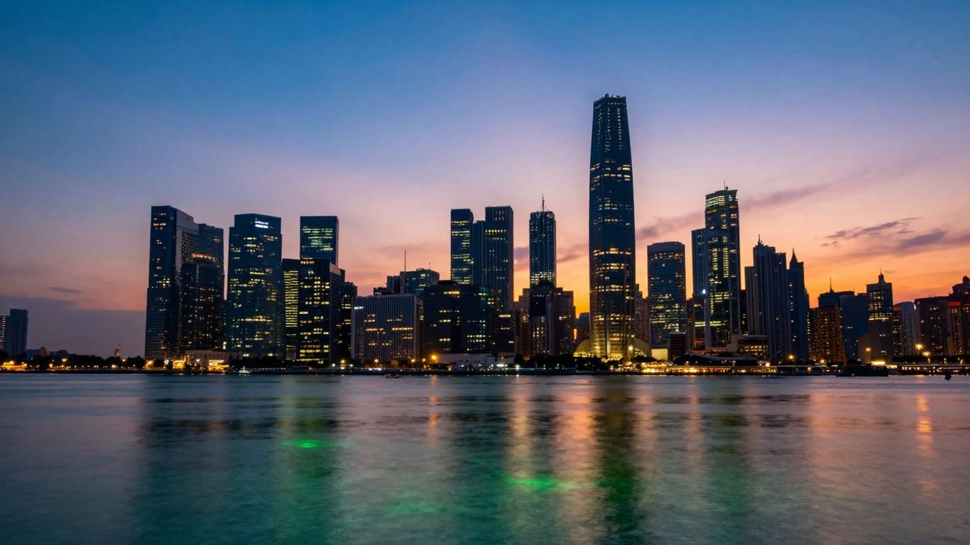 Cityscape with water and green glow