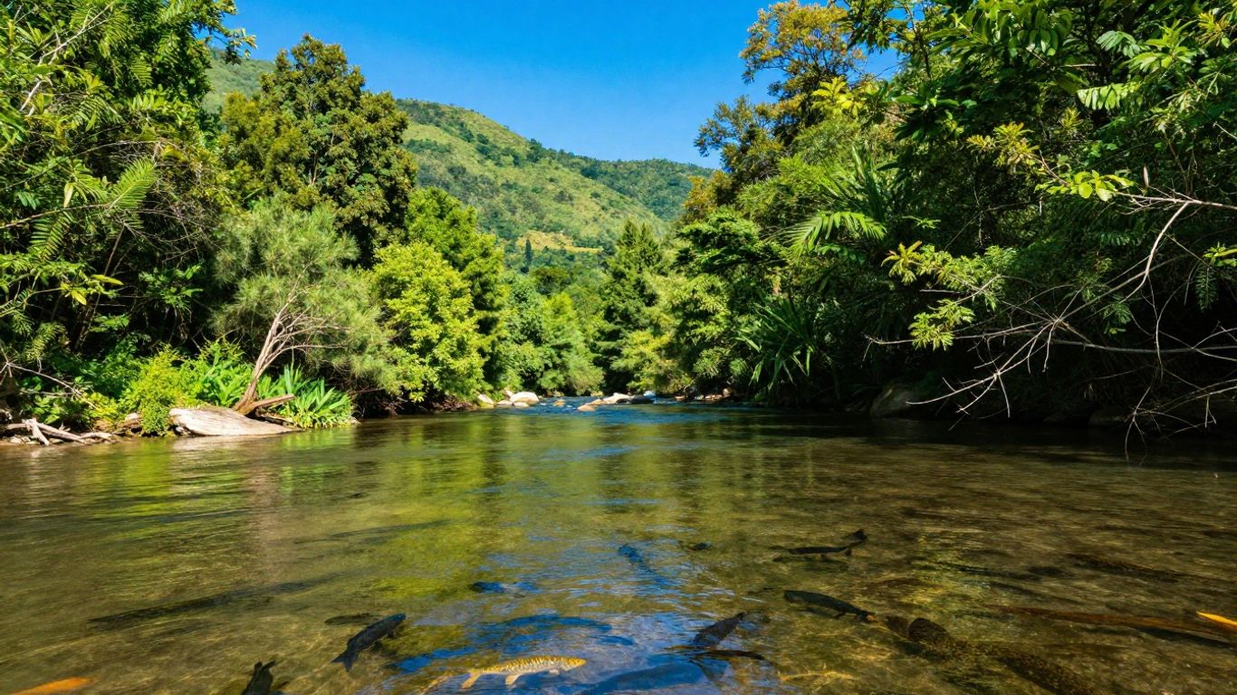 Healthy watershed with river, forests, and hills.