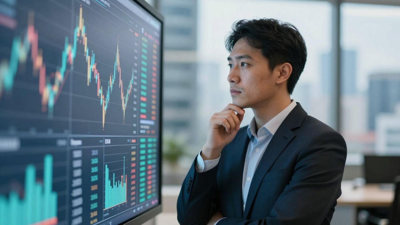 ESG analyst reviewing financial data with cityscape background.