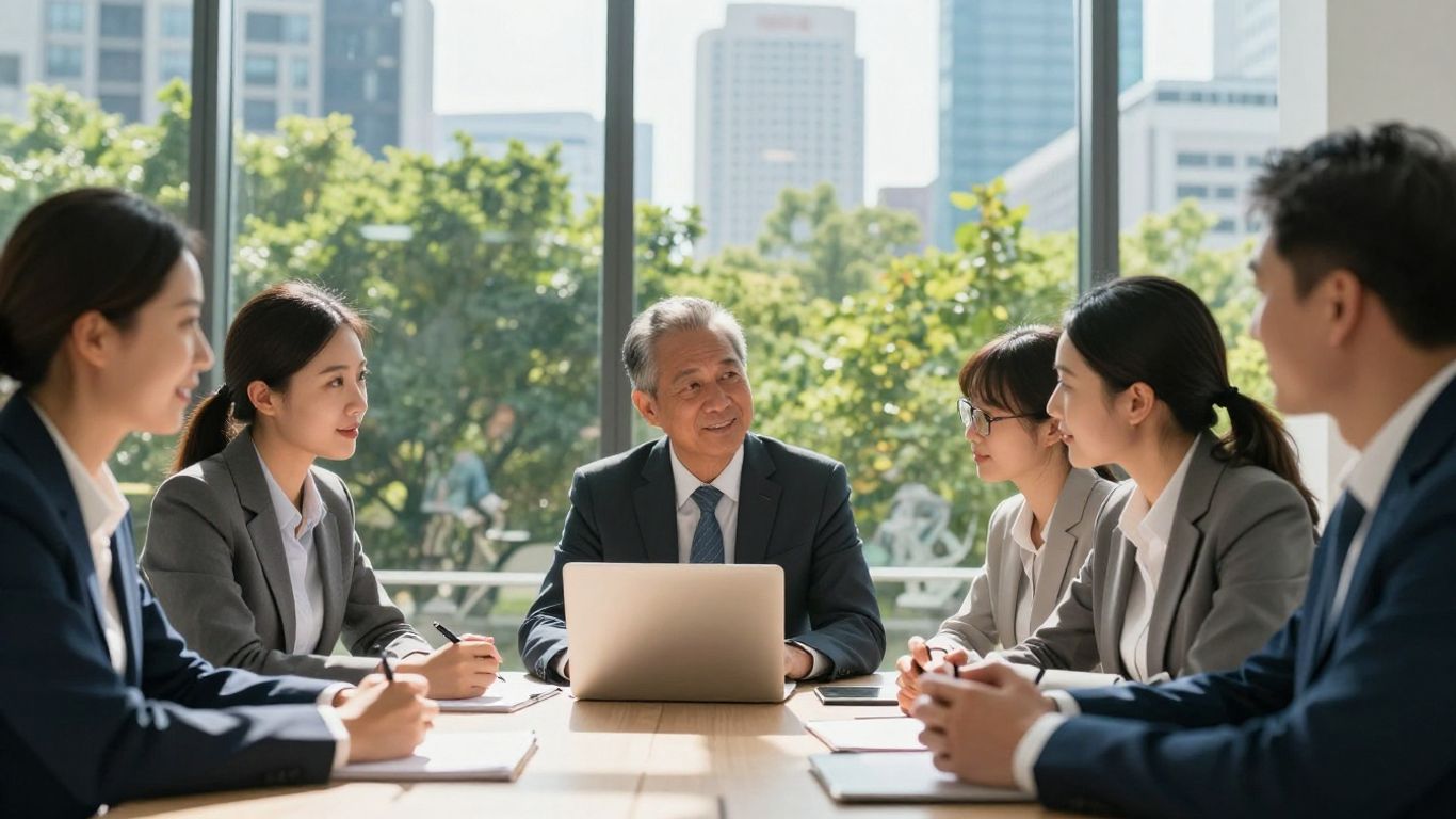 Business leaders discussing sustainable practices in a modern office.