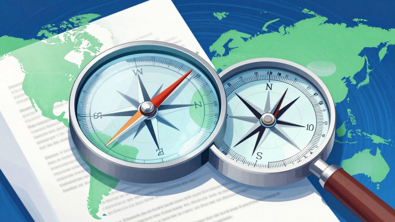 Compass and magnifying glass over legal document
