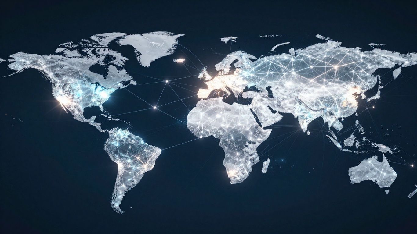 Digital network with glowing nodes and pathways.