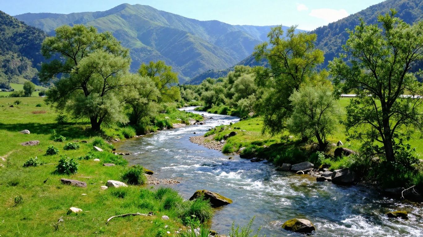Lush valley with a river and mountains.