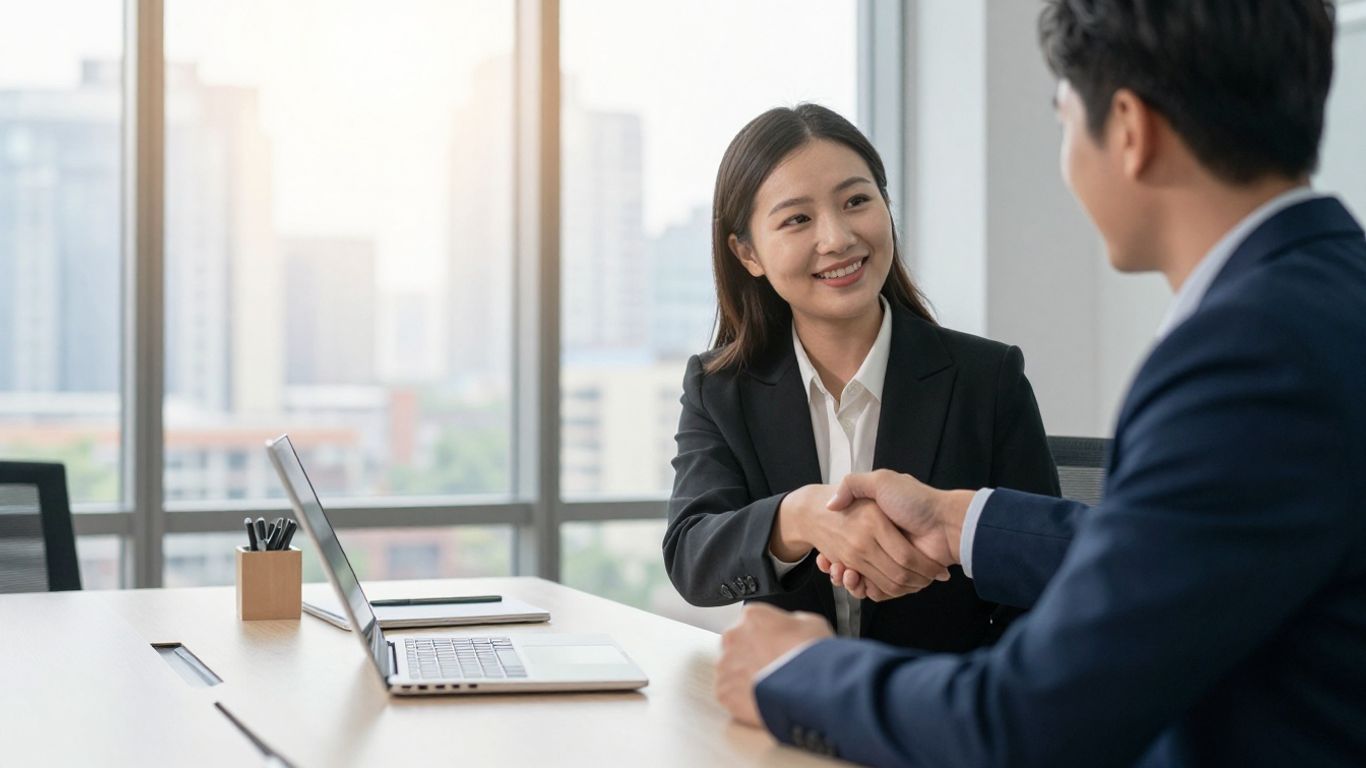 Account Executive shaking hands in a modern office.