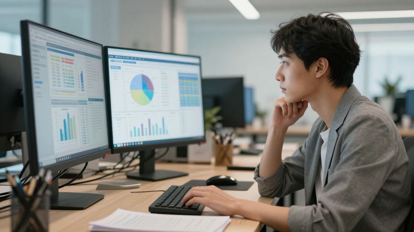 Data analyst working on a computer in an office.
