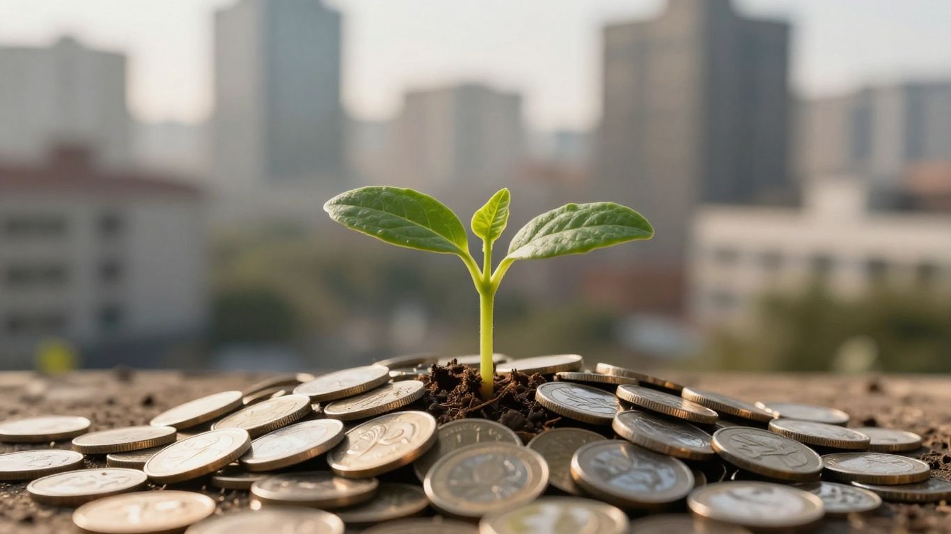 Green seedling growing from coins with cityscape background.
