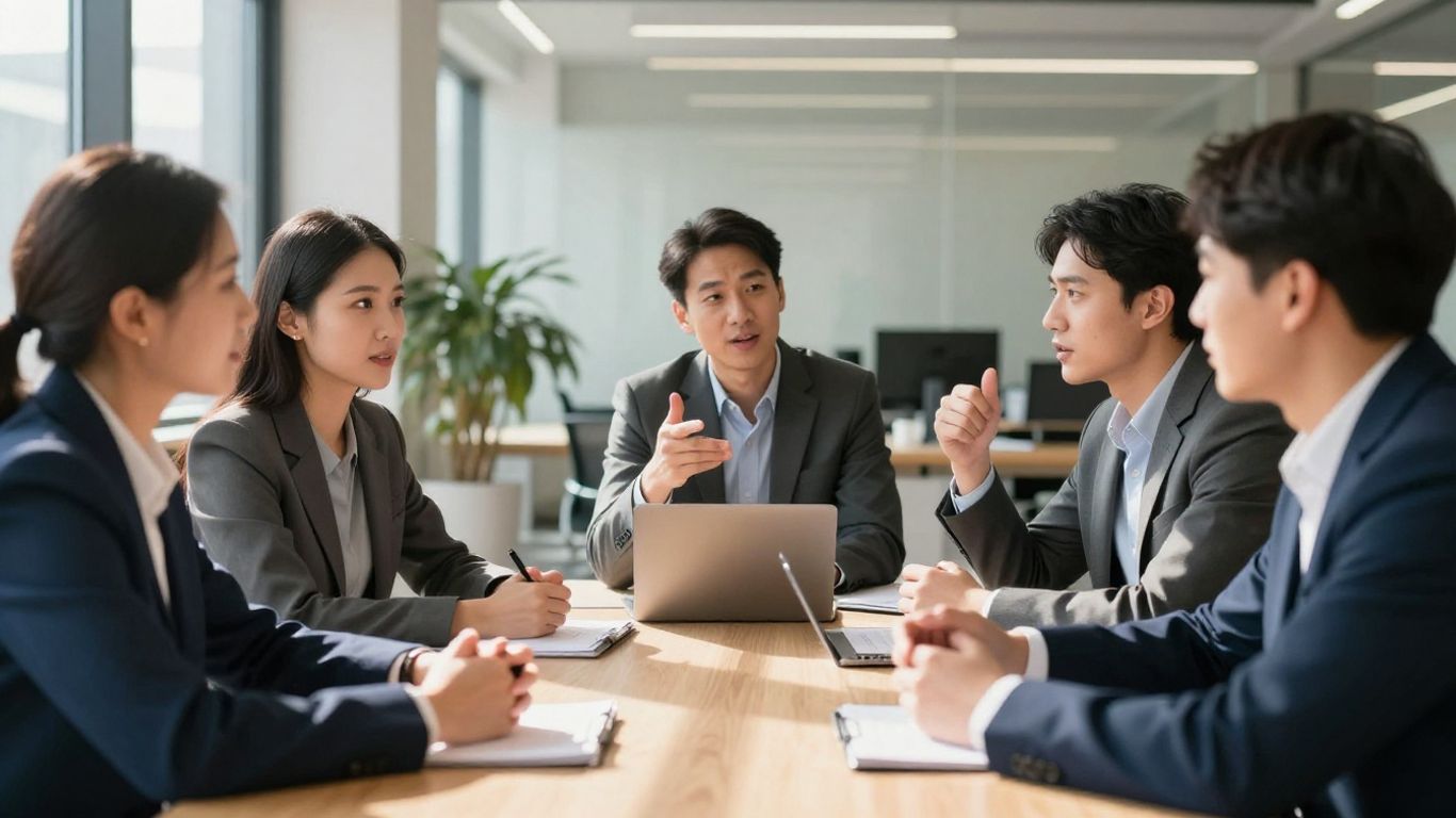Professionals collaborating in a bright office setting.