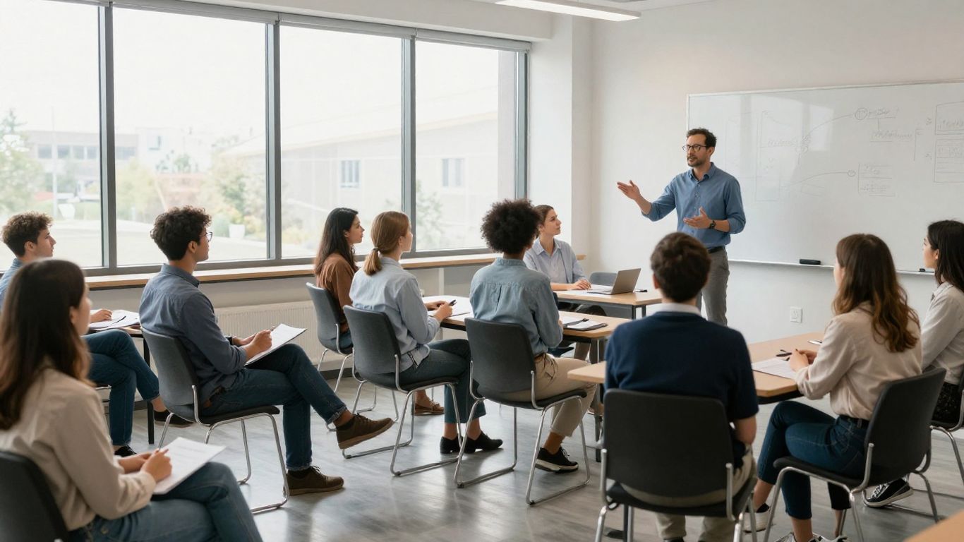 Professionals learning in a modern training room.
