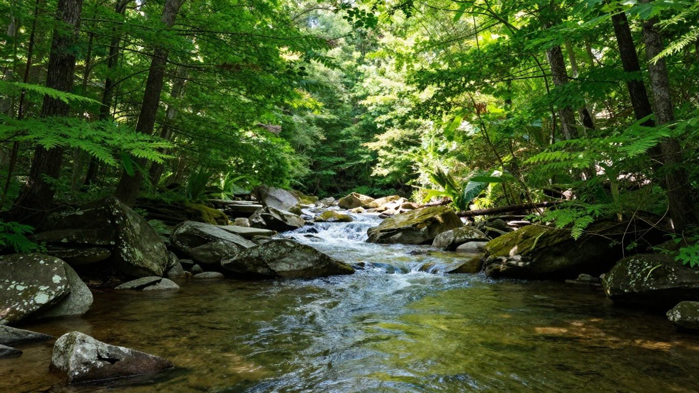 Lush Catskill Mountains with a clear river.