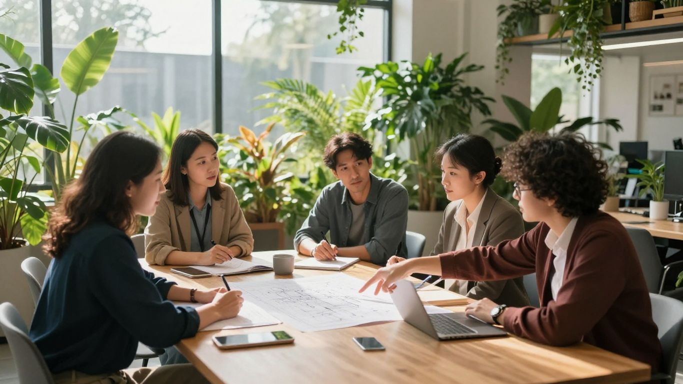 Professionals discussing sustainability in a green office.