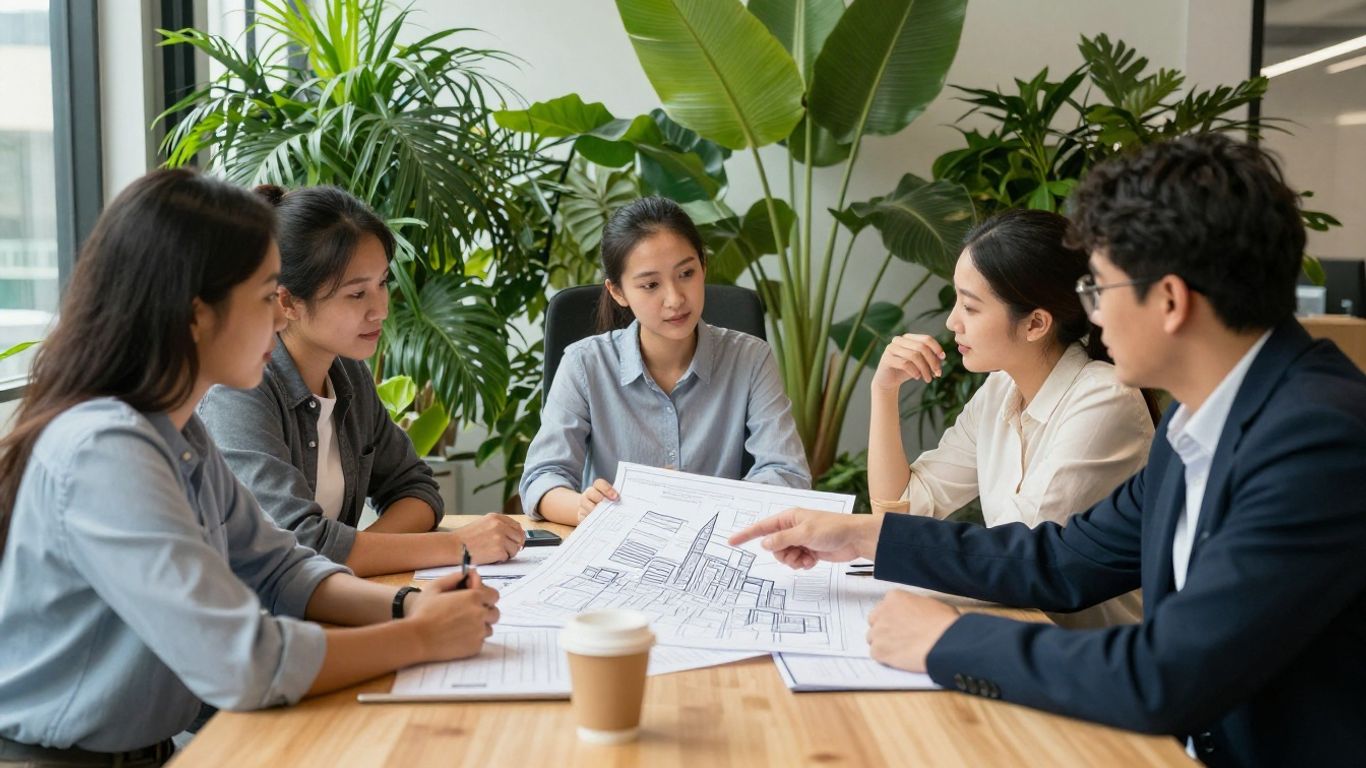 Professionals planning a sustainable future in a bright, green office.