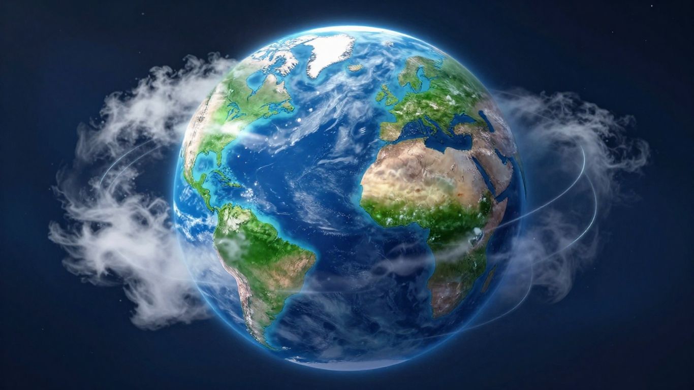 Green planet Earth with glowing atmospheric lines.
