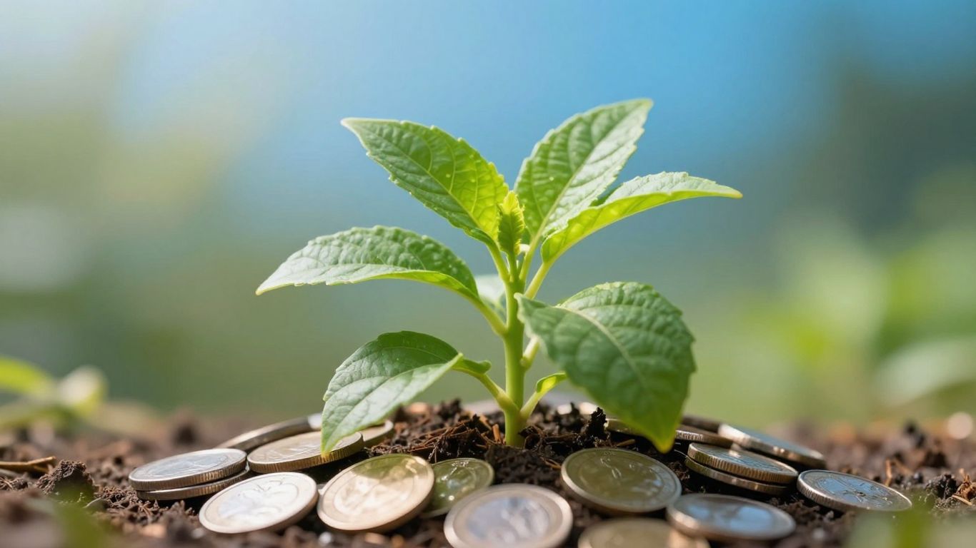 Green plant growing from coins with sunlight.