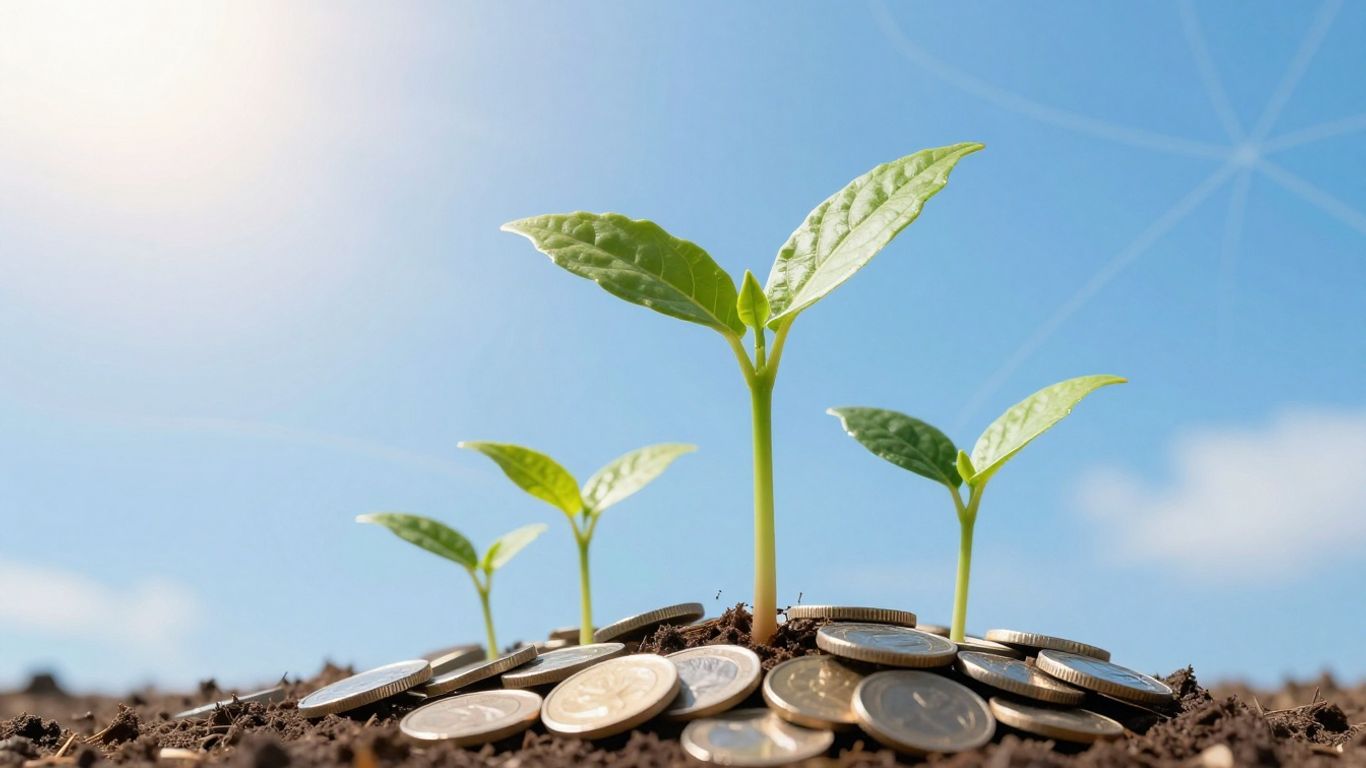 Green seedling growing from coins, symbolizing financial growth.
