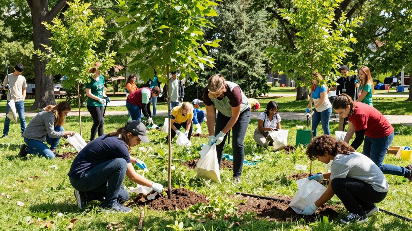 People working together on a community environmental project.