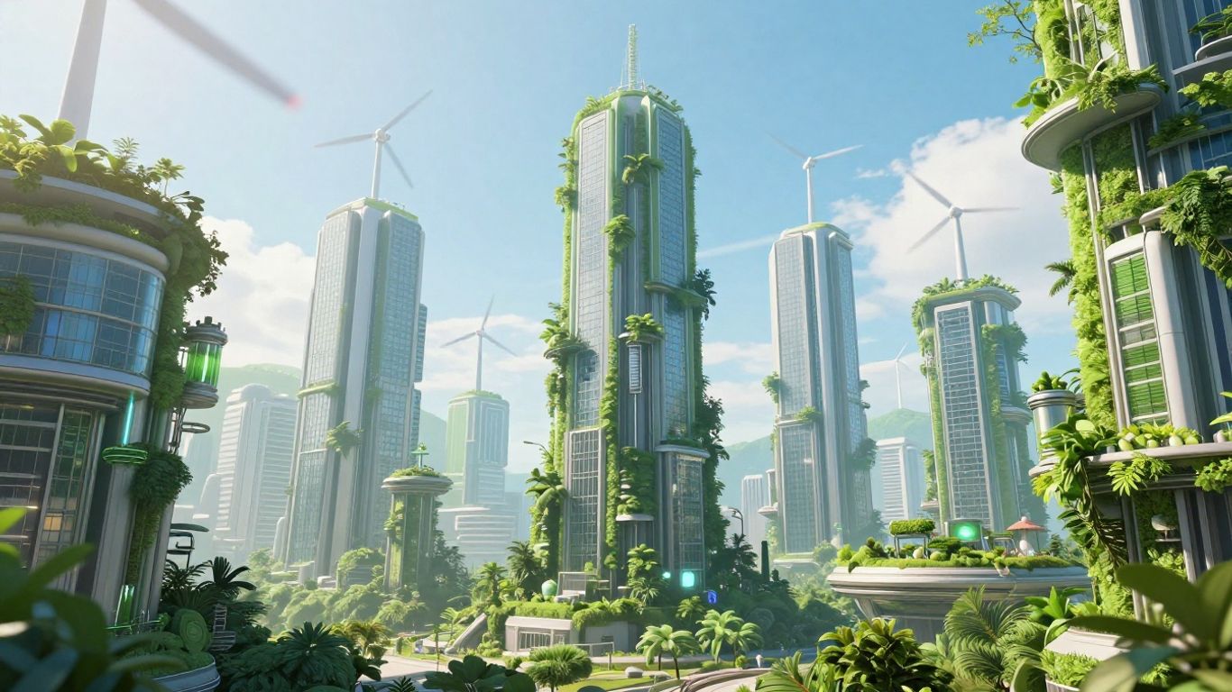 Futuristic green city with vertical gardens and clean energy.