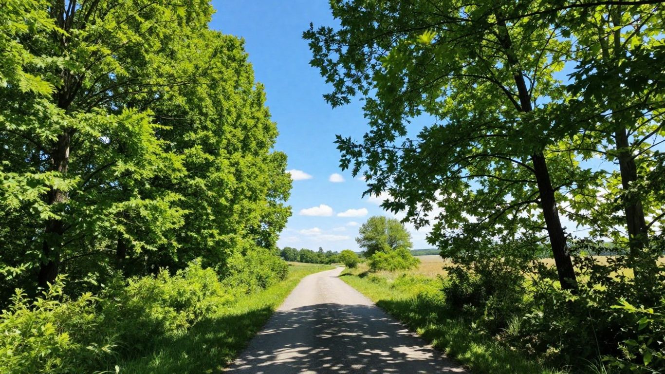 Lush green landscape with a path towards a bright horizon.
