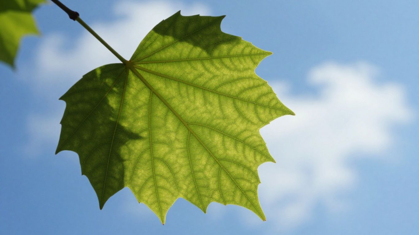 Green leaf against a blue sky