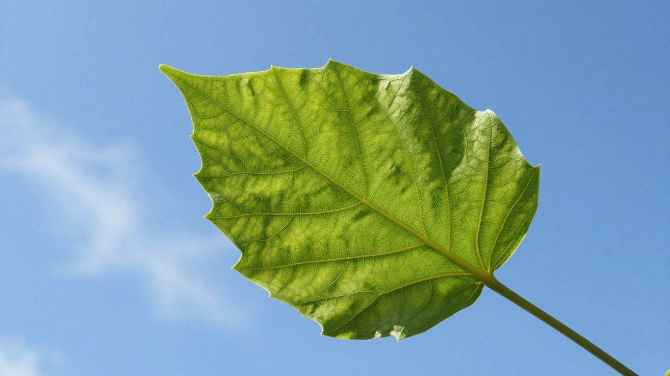 Green leaf against blue sky, symbolizing nature and growth.