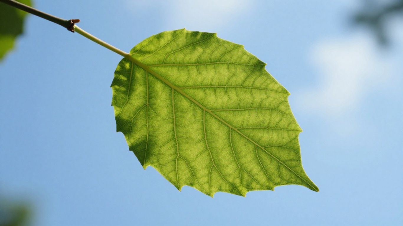 Green leaf against a blue sky